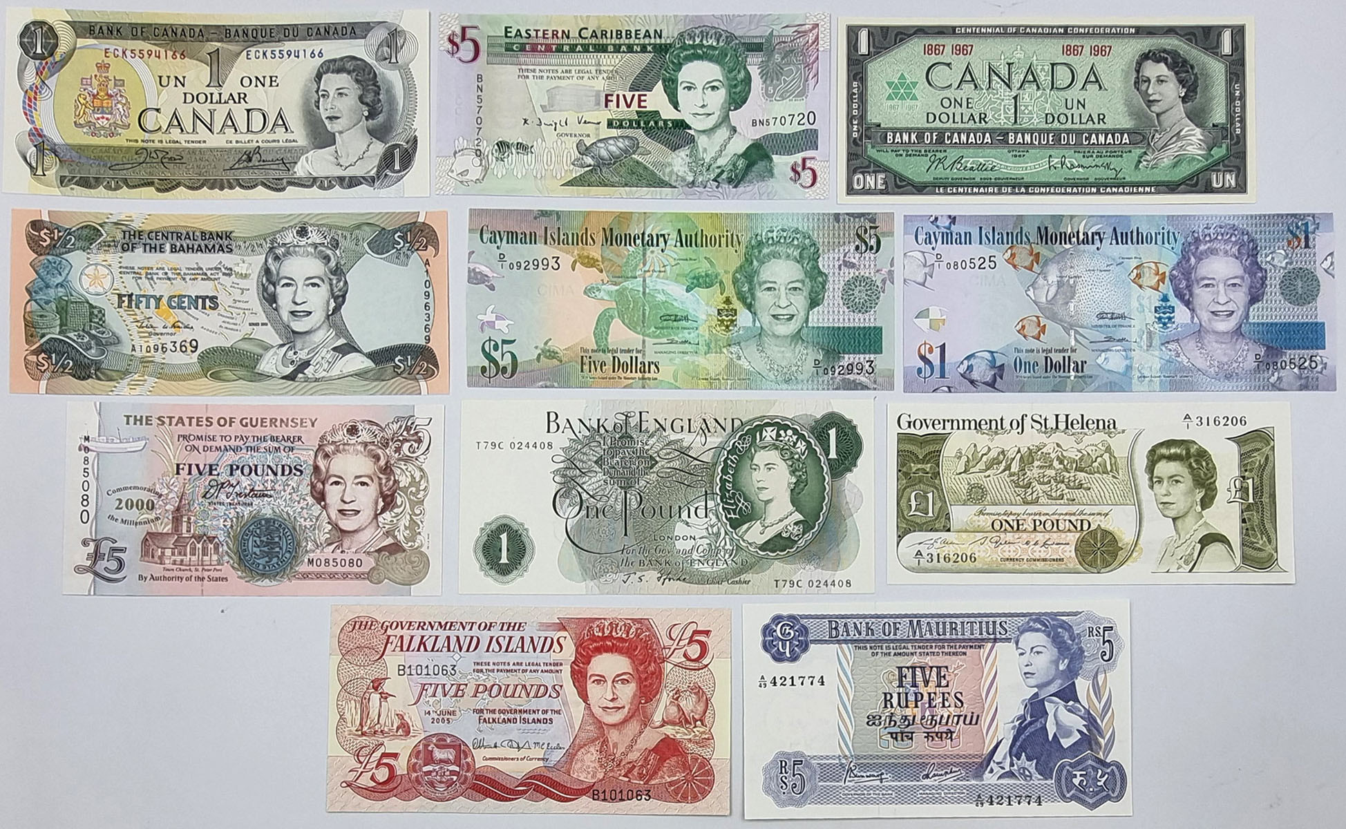 Świat - Wielka Brytania, Bahamy, Guernsey, Mauritius, Kanada, Cayman Island, zestaw 5 banknotów